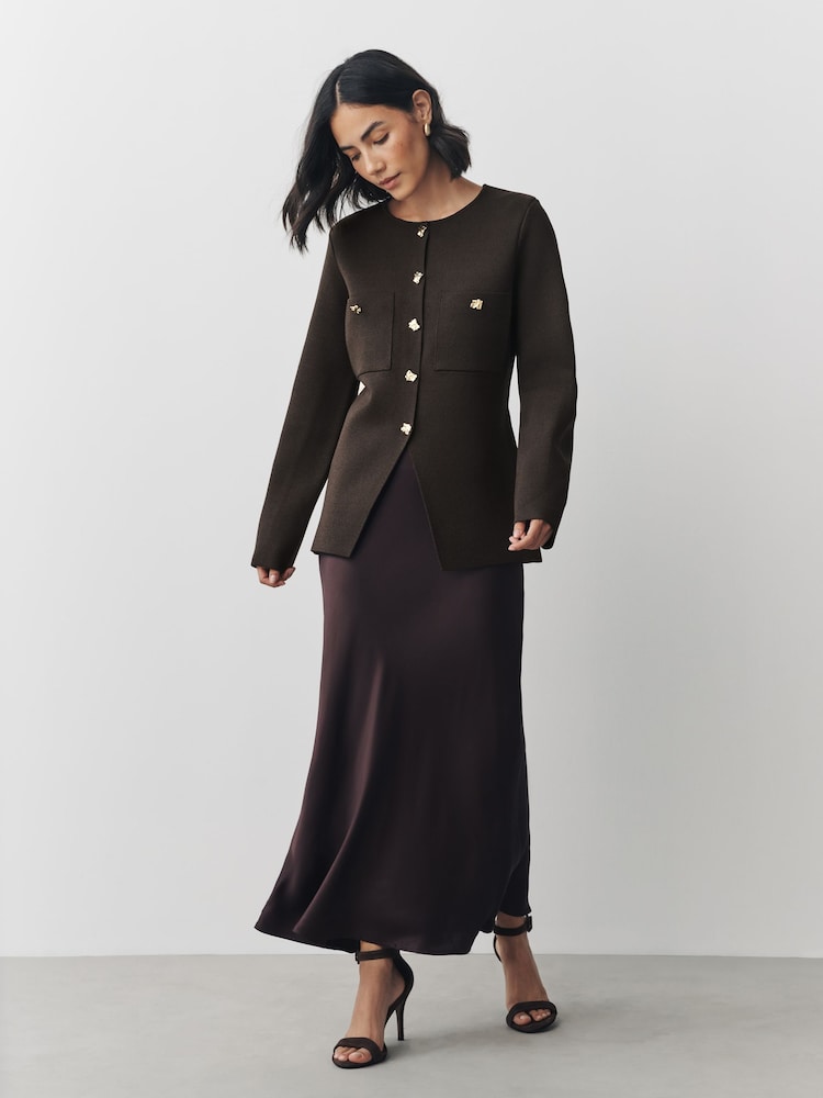 Chocolate Brown Smart Button Up Knitted Jacket - Image 2 of 7