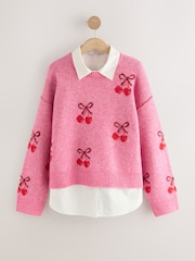Bright Pink Cherry Shirt Layer Knitted Jumper With Wool - Image 1 of 10