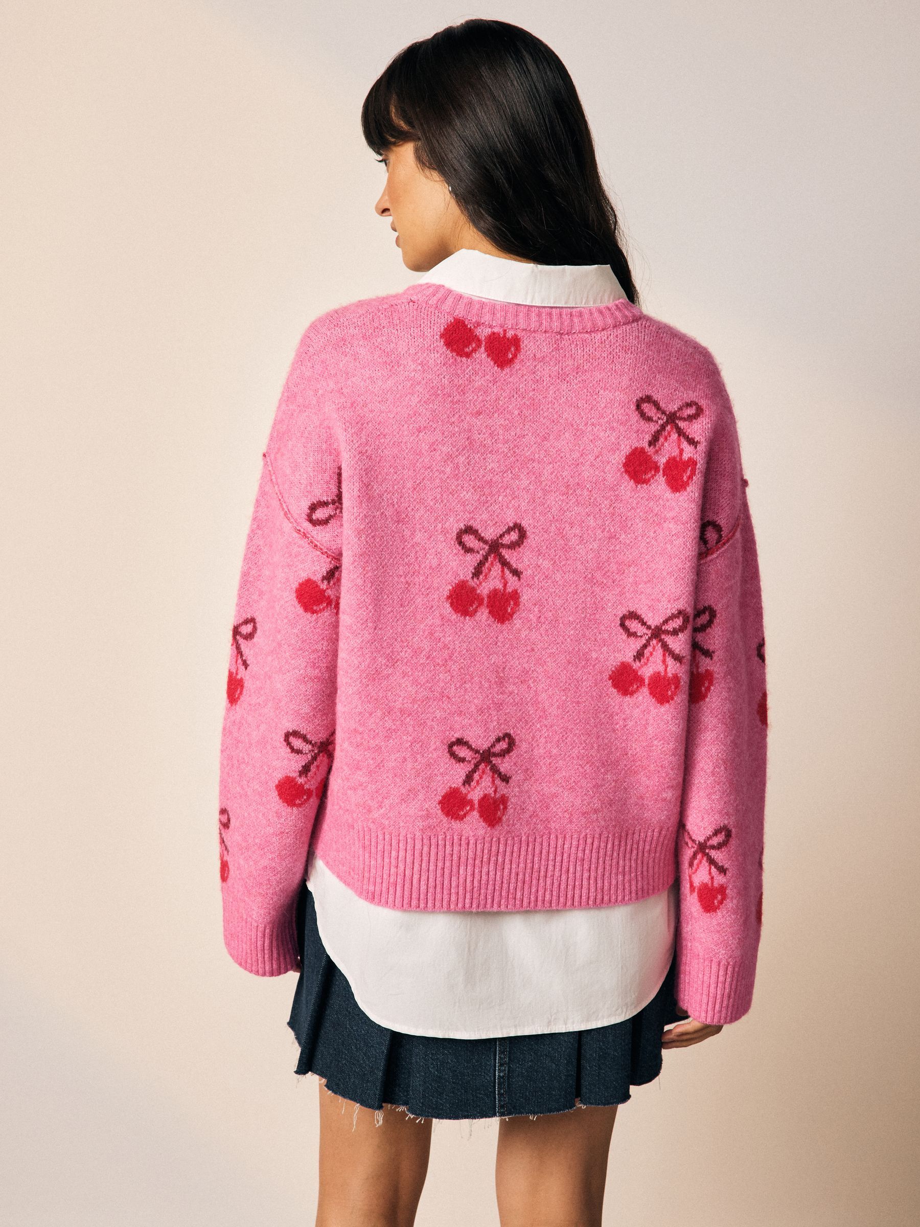 Buy Bright Pink Cherry Shirt Layer Knitted Jumper With Wool from