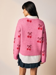 Bright Pink Cherry Shirt Layer Knitted Jumper With Wool - Image 10 of 10