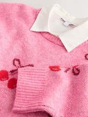 Bright Pink Cherry Shirt Layer Knitted Jumper With Wool - Image 3 of 10