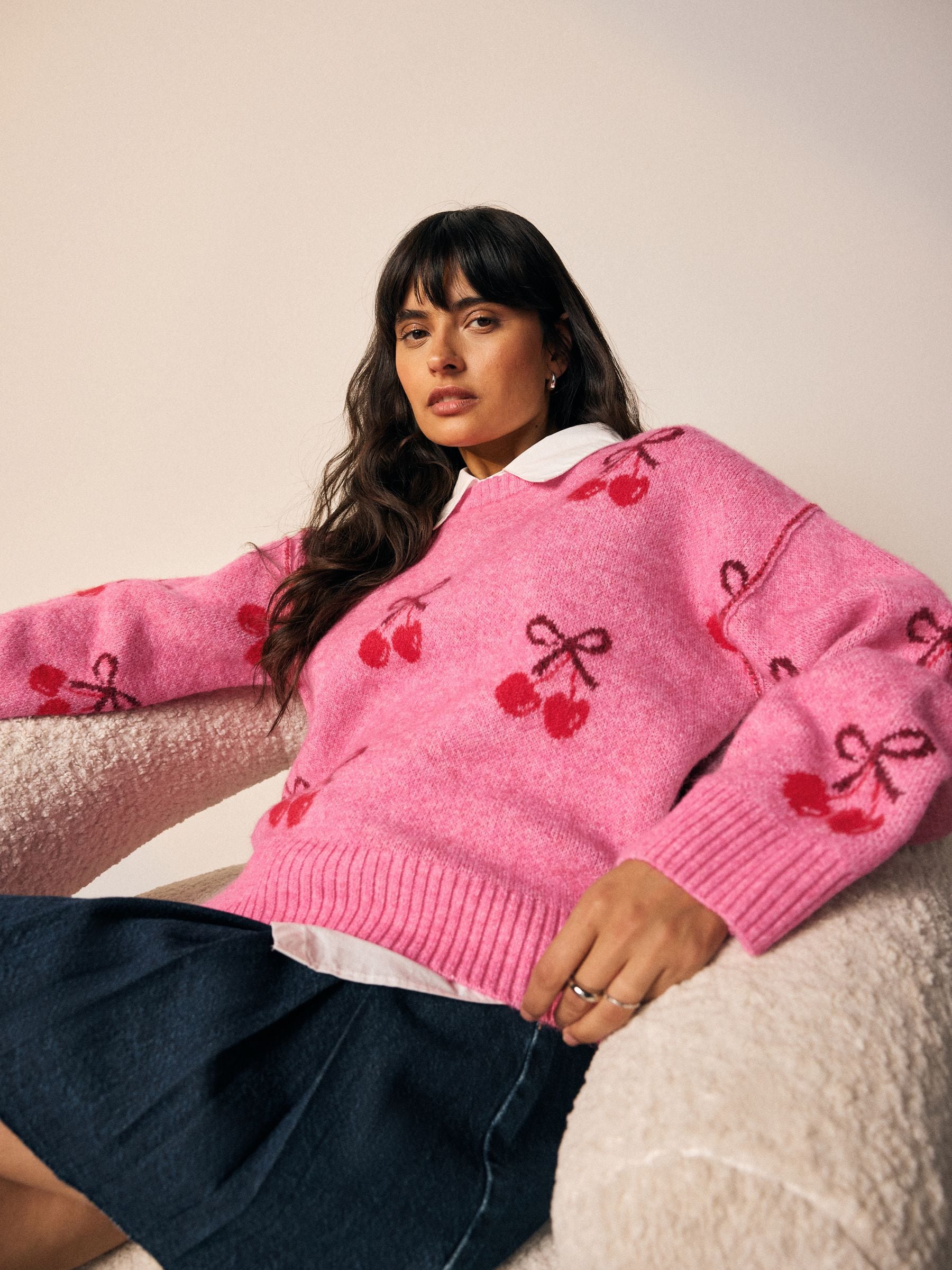 Buy Bright Pink Cherry Shirt Layer Knitted Jumper With Wool from
