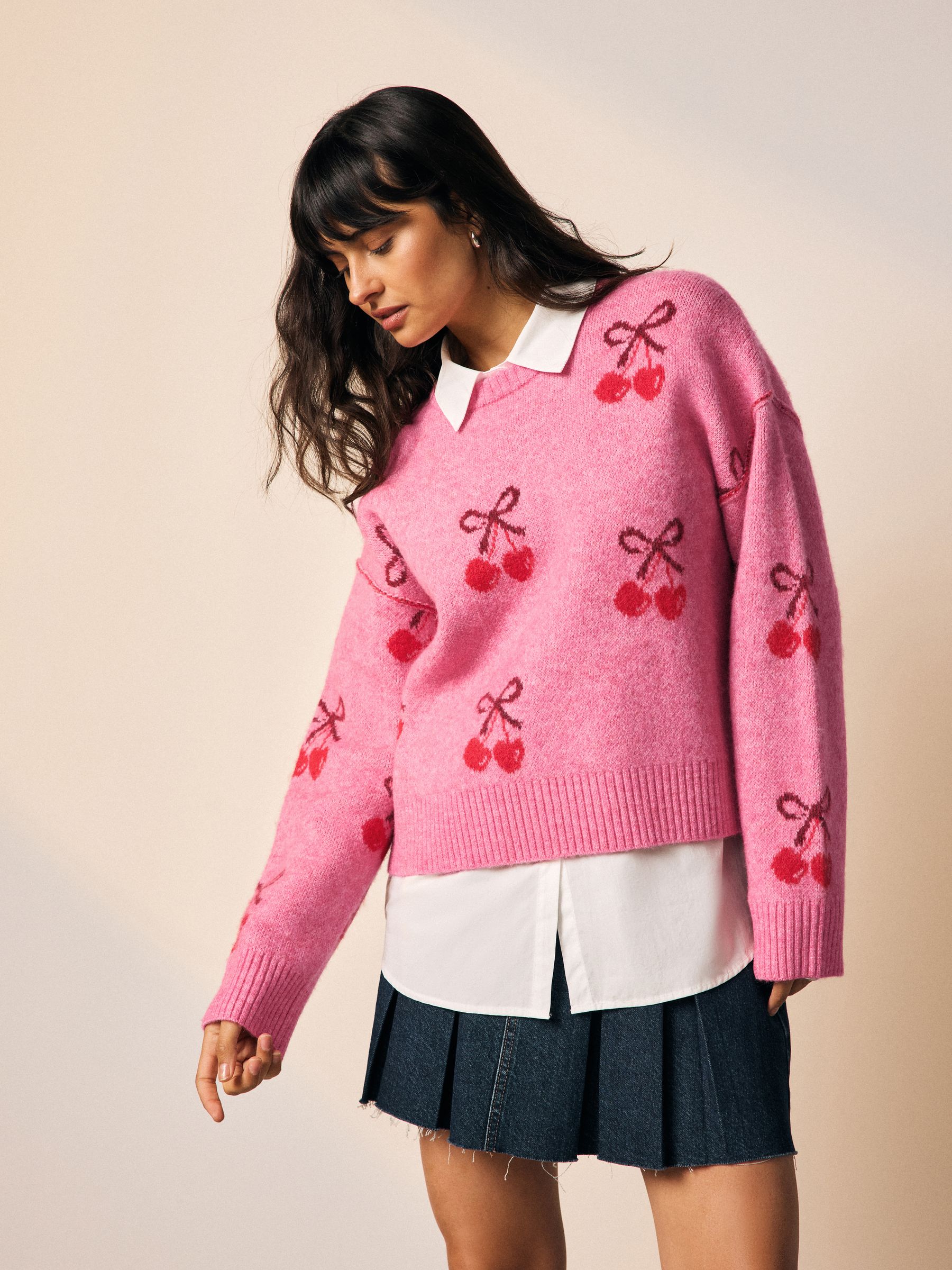 Buy Bright Pink Cherry Shirt Layer Knitted Jumper With Wool from