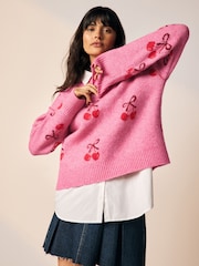 Bright Pink Cherry Shirt Layer Knitted Jumper With Wool - Image 8 of 10