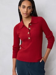 Cherry Red Ribbed Long Sleeve Polo Jumper - Image 1 of 7