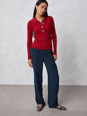 Cherry Red Ribbed Long Sleeve Polo Jumper - Image 2 of 7