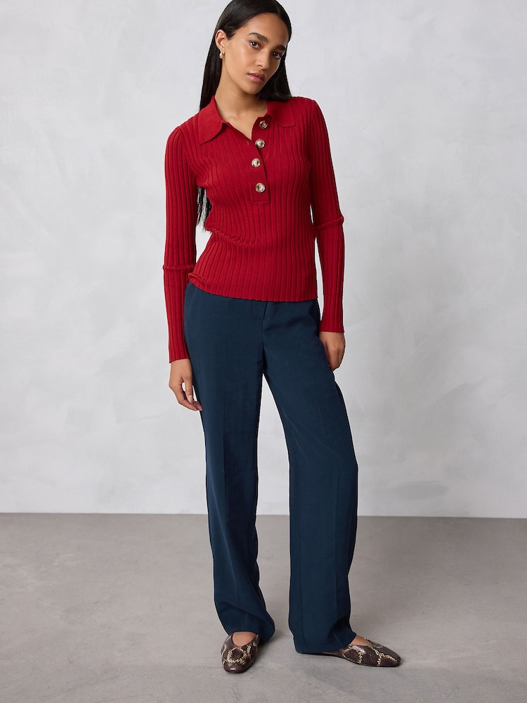 Cherry Red Ribbed Long Sleeve Polo Jumper - Image 2 of 7