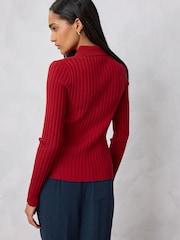 Cherry Red Ribbed Long Sleeve Polo Jumper - Image 3 of 7