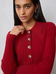Cherry Red Ribbed Long Sleeve Polo Jumper - Image 4 of 7