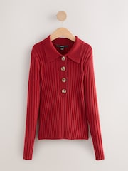 Cherry Red Ribbed Long Sleeve Polo Jumper - Image 5 of 7