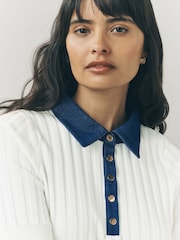 Ecru Denim Collar Ribbed Short Sleeve Polo Top - Image 4 of 7