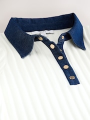 Ecru Denim Collar Ribbed Short Sleeve Polo Top - Image 6 of 7