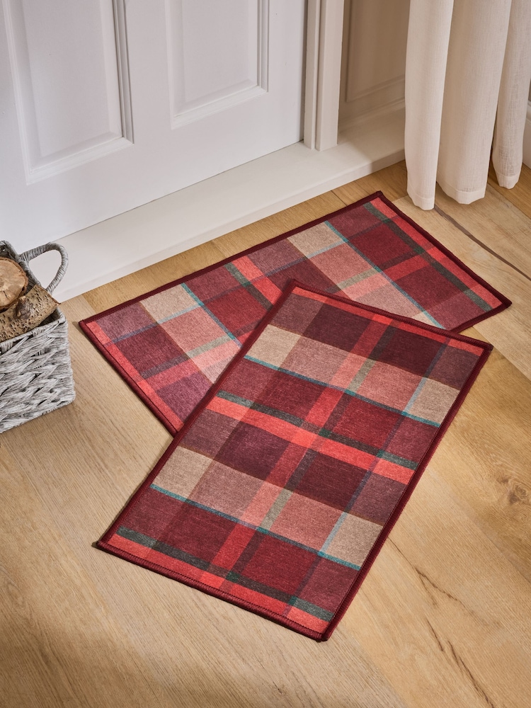 Set of 2 Red Washable Traditional Check Doormats - Image 2 of 5 Set of 2 Red Washable Traditional Check Doormats - Image 2 of 5