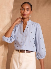 Love & Roses Blue Stripe Embroidery Pie Crust Detail 3/4 Sleeve Blouse - Image 1 of 4