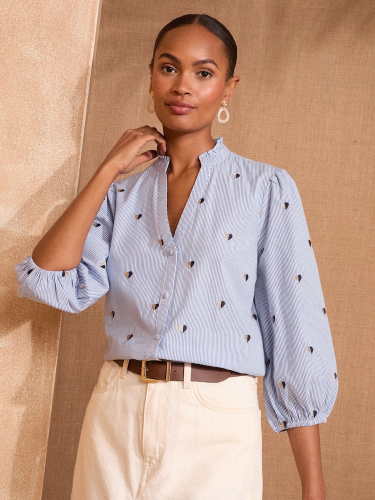 Love & Roses Blue Stripe Embroidery Pie Crust Detail 3/4 Sleeve Blouse - Image 1 of 4