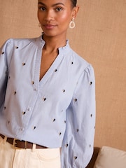 Love & Roses Blue Stripe Embroidery Pie Crust Detail 3/4 Sleeve Blouse - Image 2 of 4