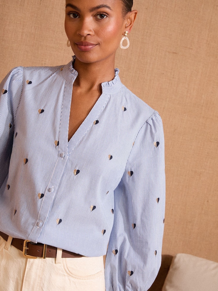 Love & Roses Blue Stripe Embroidery Pie Crust Detail 3/4 Sleeve Blouse - Image 2 of 4