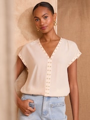 Love & Roses White Ecru Eyelet V-Neck Short Sleeve T-Shirt - Image 1 of 4