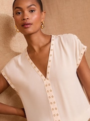 Love & Roses White Ecru Eyelet V-Neck Short Sleeve T-Shirt - Image 2 of 4