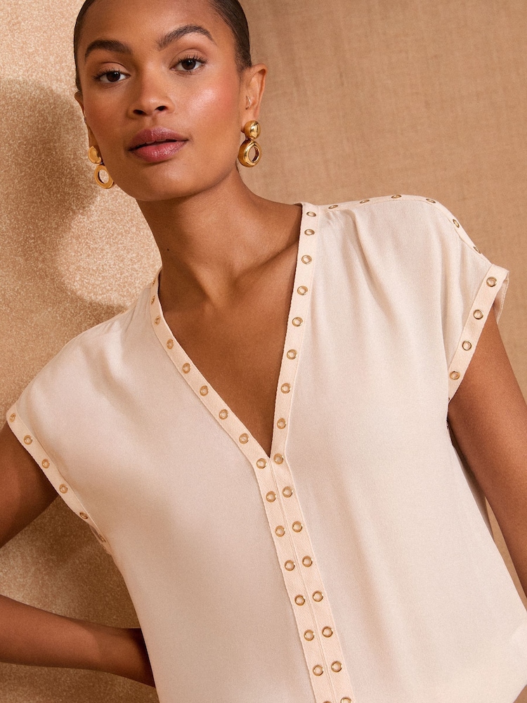 Love & Roses White Ecru Eyelet V-Neck Short Sleeve T-Shirt - Image 2 of 4