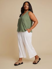 Yours Curve White Linen Cropped Pull On Wide Leg Trousers - Image 1 of 5
