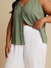Yours Curve White Linen Cropped Pull On Wide Leg Trousers - Image 4 of 5