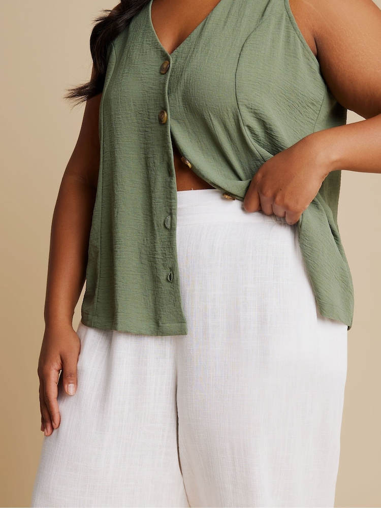 Yours Curve White Linen Cropped Pull On Wide Leg Trousers - Image 4 of 5