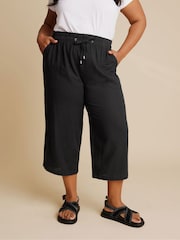 Yours Curve Black Linen Cropped Profile Pockets Trousers - Image 1 of 5