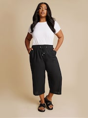 Yours Curve Black Linen Cropped Profile Pockets Trousers - Image 2 of 5