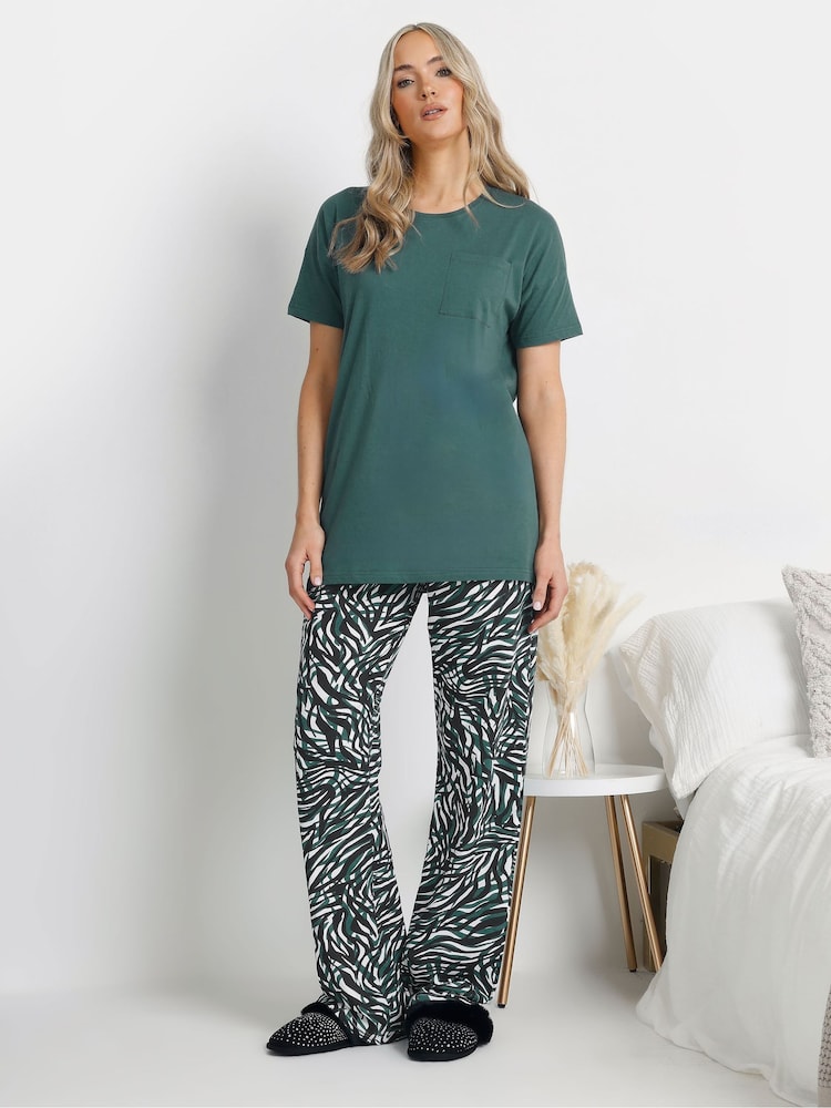 Long Tall Sally Green Zebra Print Wide Leg 100% Cotton Pyjamas Set - Image 1 of 5