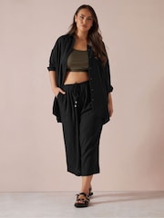 Yours Curve Black Linen Cropped Wide Leg Skinny Waist Trousers - Image 1 of 5