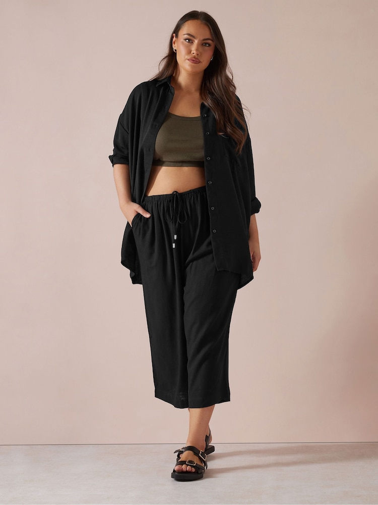 Yours Curve Black Linen Cropped Wide Leg Skinny Waist Trousers - Image 1 of 5