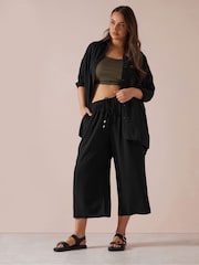 Yours Curve Black Linen Cropped Wide Leg Skinny Waist Trousers - Image 2 of 5