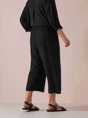 Yours Curve Black Linen Cropped Wide Leg Skinny Waist Trousers - Image 3 of 5