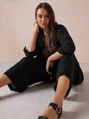 Yours Curve Black Linen Cropped Wide Leg Skinny Waist Trousers - Image 4 of 5