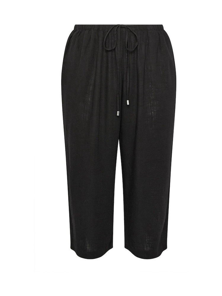 Yours Curve Black Linen Cropped Wide Leg Skinny Waist Trousers - Image 5 of 5