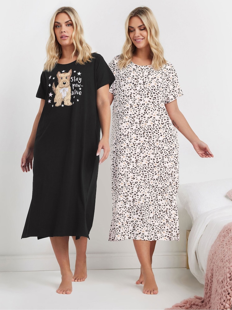 Yours Curve Black Stay Pawsitive Midaxi Nightie 2 Pack - Image 1 of 8