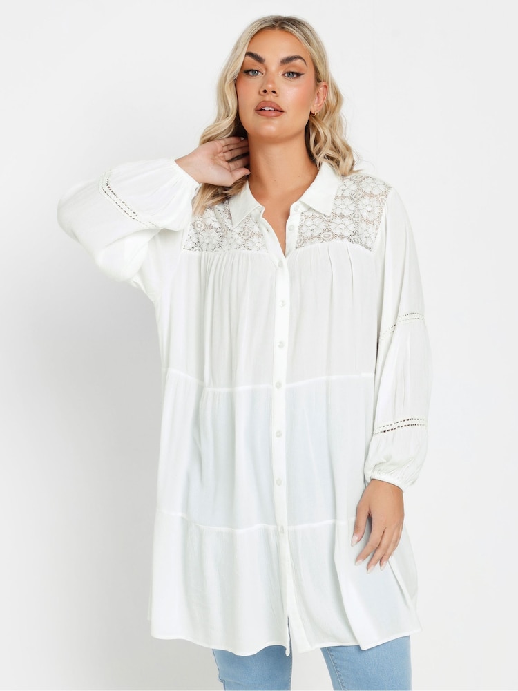Yours Curve White Crochet Insert Boho Shirt - Image 1 of 5