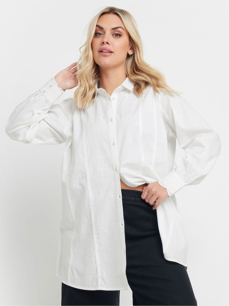 Yours Curve White Long Sleeve Trim 100% Cotton Slub Shirt - Image 1 of 5 Yours Curve White Long Sleeve Trim 100% Cotton Slub Shirt - Image 1 of 5