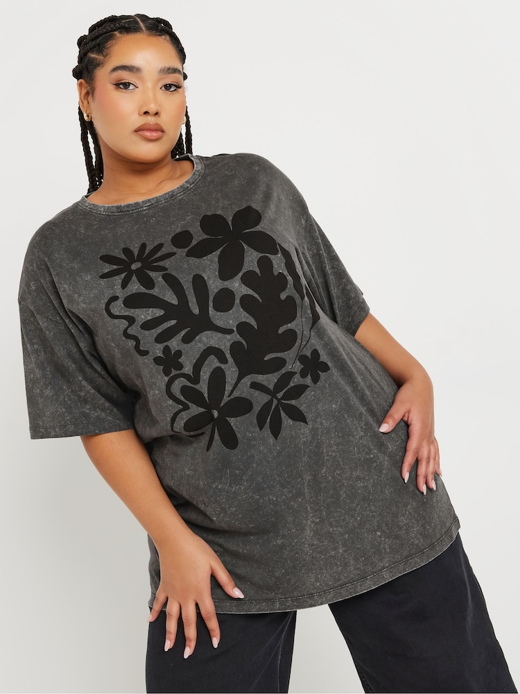 Yours Curve Grey Long Line Relaxed Drop Shoulder 100% Cotton T-Shirt - Image 1 of 6
