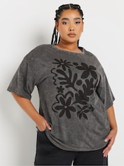 Yours Curve Grey Long Line Relaxed Drop Shoulder 100% Cotton T-Shirt - Image 2 of 6