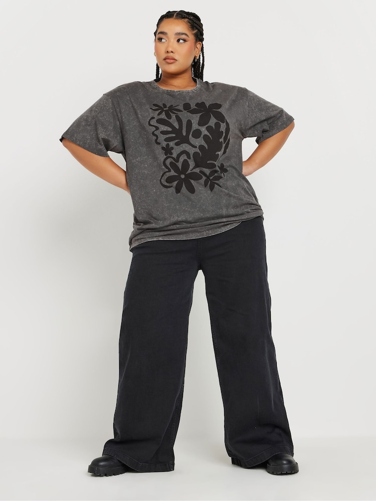 Yours Curve Grey Long Line Relaxed Drop Shoulder 100% Cotton T-Shirt - Image 5 of 6