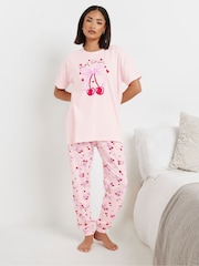 PixieGirl Petite Pink Mon Cheri Cuffed 100% Cotton Pyjama Set - Image 1 of 5