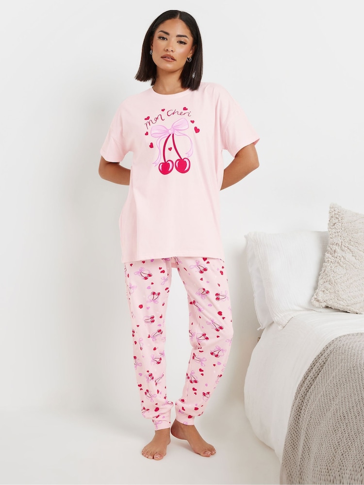 PixieGirl Petite Pink Mon Cheri Cuffed 100% Cotton Pyjama Set - Image 1 of 5