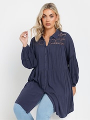 Yours Curve Blue Crochet Insert Boho Shirt - Image 1 of 5