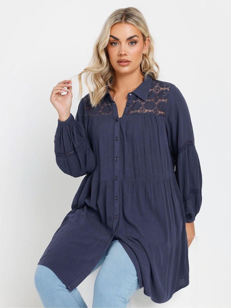 Yours Curve Blue Crochet Insert Boho Shirt - Image 1 of 5 Yours Curve Blue Crochet Insert Boho Shirt - Image 1 of 5