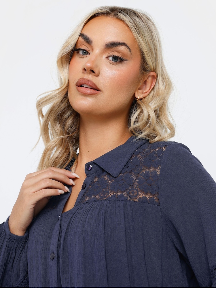 Yours Curve Blue Crochet Insert Boho Shirt - Image 2 of 5 Yours Curve Blue Crochet Insert Boho Shirt - Image 2 of 5