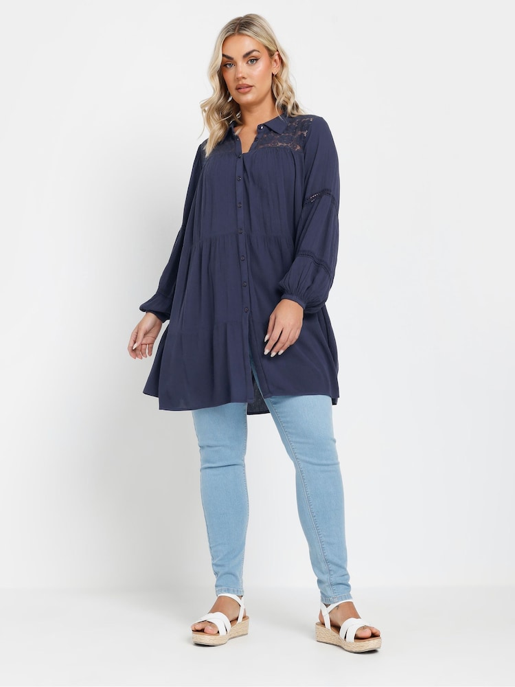 Yours Curve Blue Crochet Insert Boho Shirt - Image 3 of 5