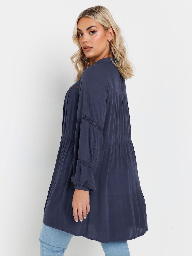 Yours Curve Blue Crochet Insert Boho Shirt - Image 4 of 5