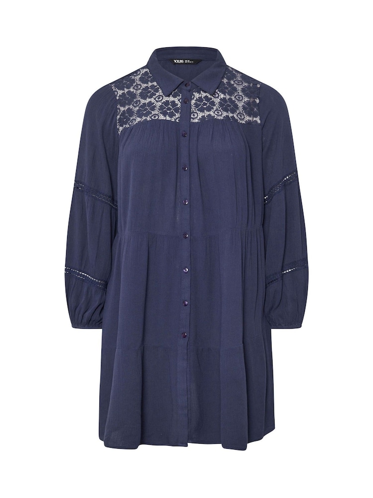 Yours Curve Blue Crochet Insert Boho Shirt - Image 5 of 5 Yours Curve Blue Crochet Insert Boho Shirt - Image 5 of 5